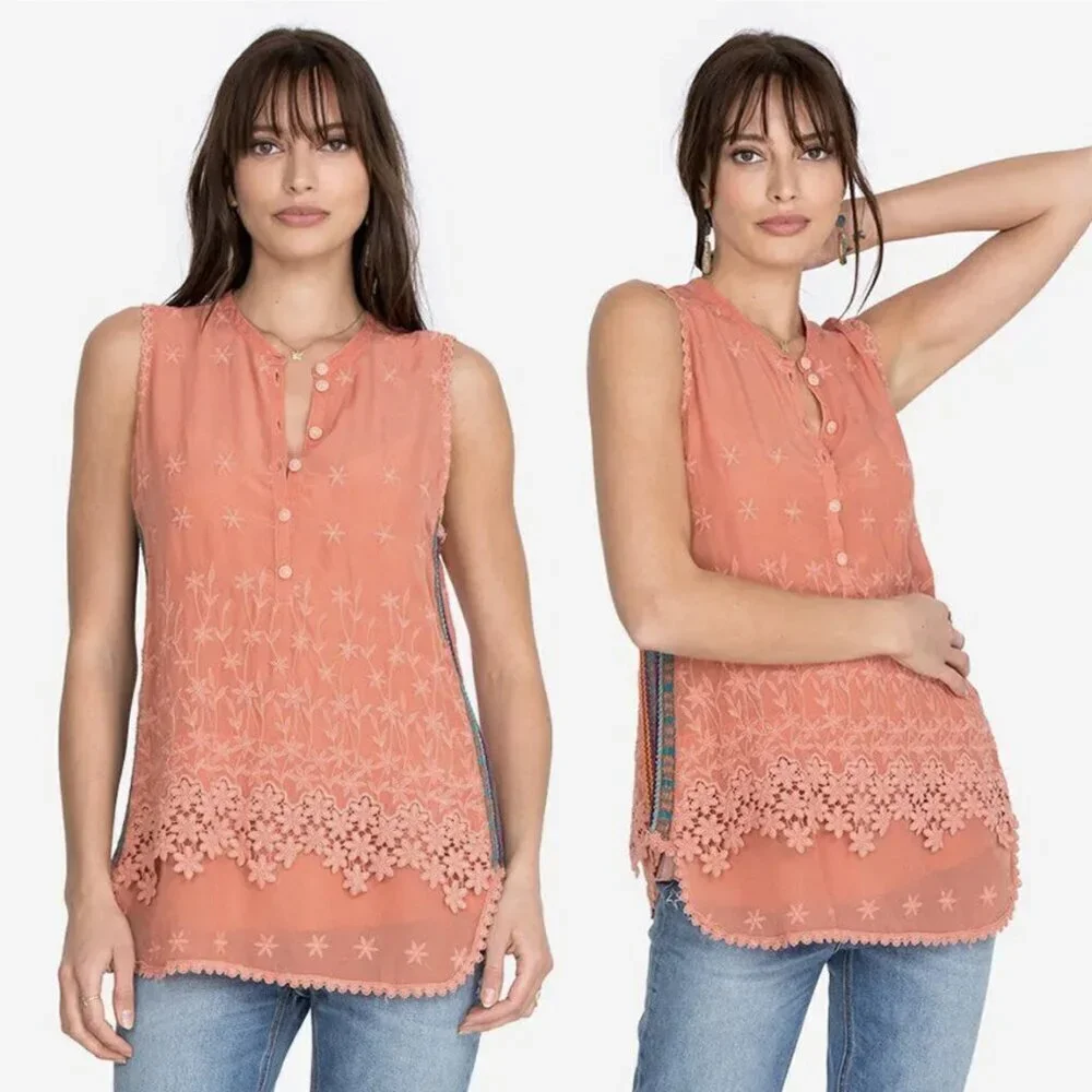 Johnny Was Embroidered Floral Boho Malin Tank in Coral, size XS